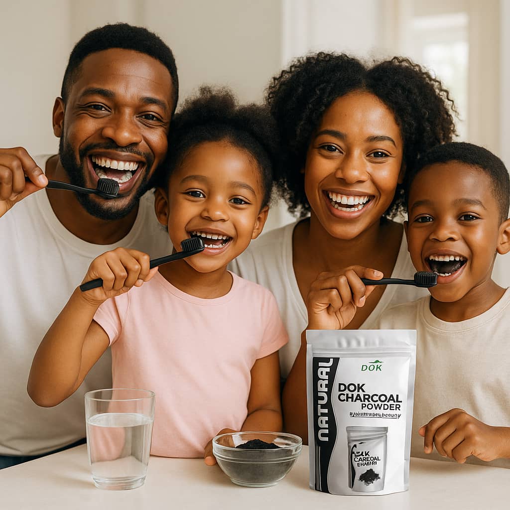 Family using DOK Activated Charcoal Powder at home with a resealable pouch on the table