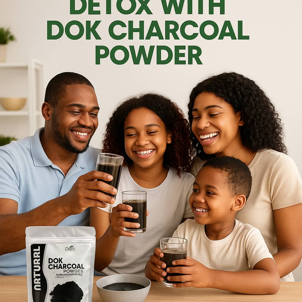 Family with glasses of DOK Activated Charcoal Powder mixed in water and the product pouch
